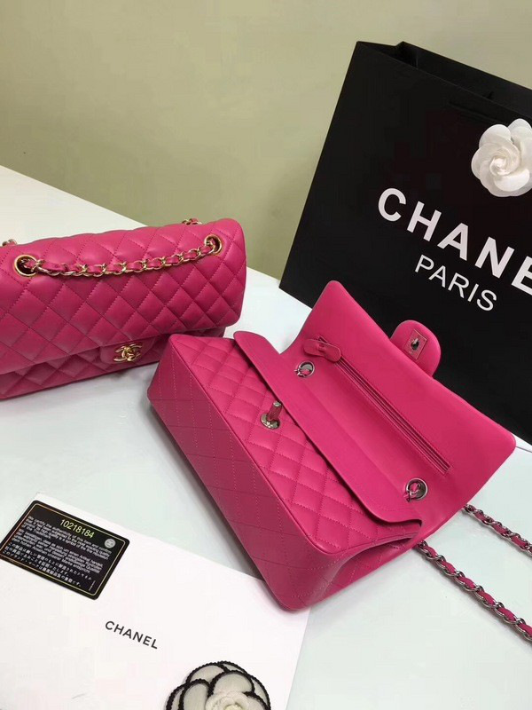 Ch**el classic flap bag rose red lambskin leather sliver&gold chain 25cm