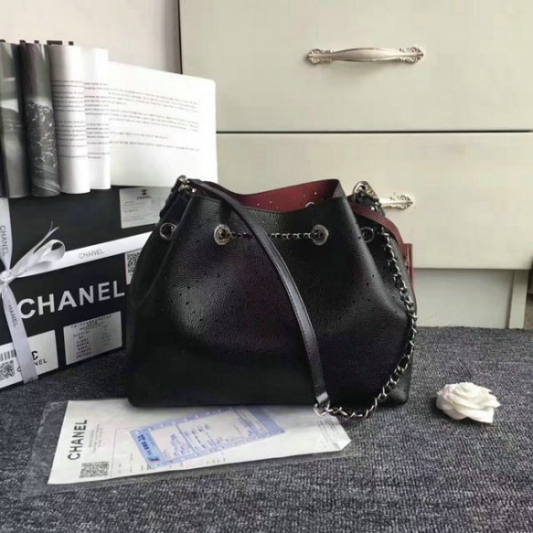 Ch**el perforated drawstring bucket bag black