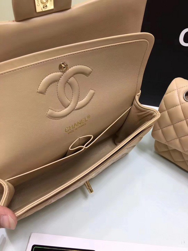 Ch**el classic flap bag beige caviar leather sliver&gold chain 25cm