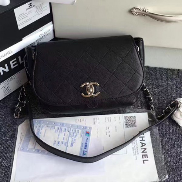 Ch**el grained calfskin caviar stitched shoulder bag black a92949