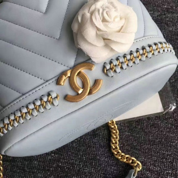 Ch**el lambskin drawstring bucket bag light blue