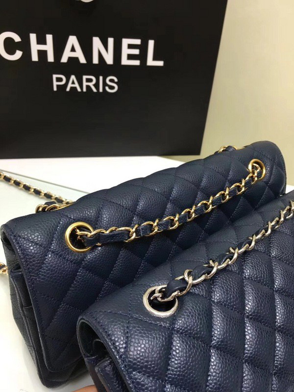 Ch**el classic flap bag royalblue caviar leather sliver&gold chain 25cm