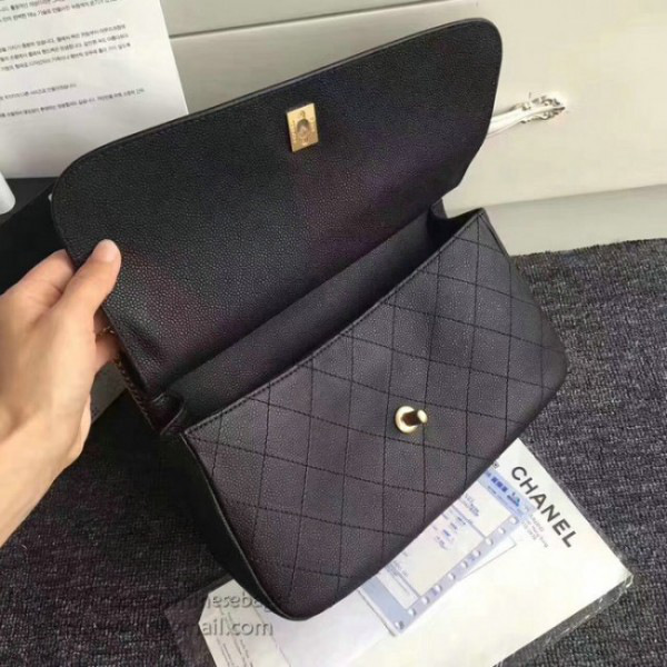 Ch**el grained calfskin large top handle flap bag black