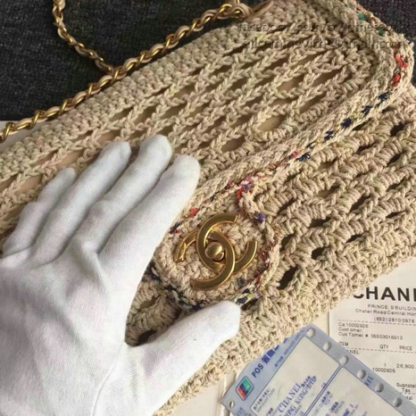 Ch**el crochet braid cayo coco flap bag beige