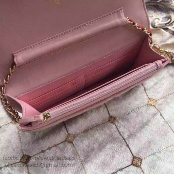 Ch**el lambskin mini chain wallet pink a81024 vs09425