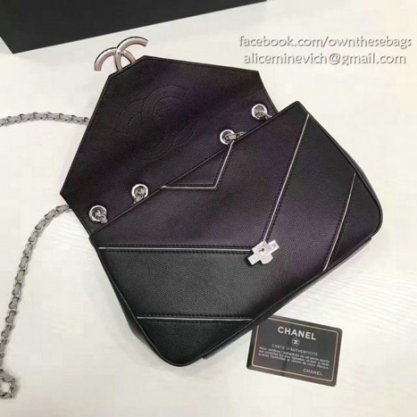 Ch**el calfskin chevron flap bag black