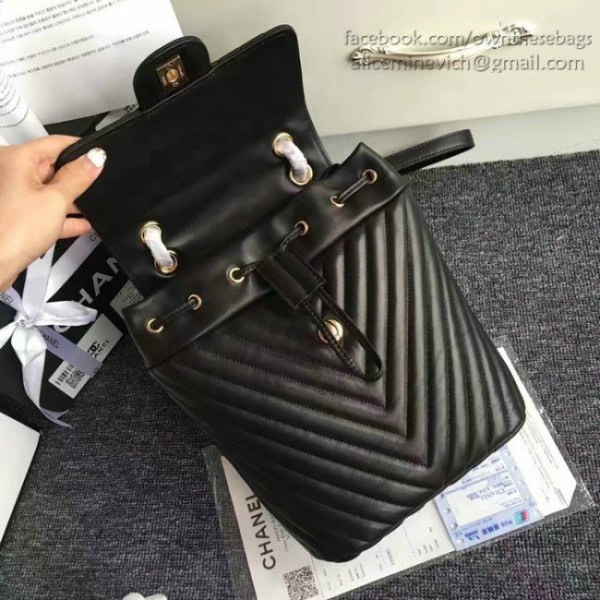 Ch**el chevron lambskin backpack black gold hardware