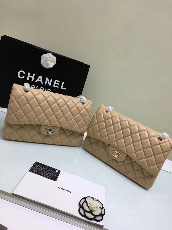 Ch**el classic flap bag beige lambskin leather sliver&gold chain 30cm