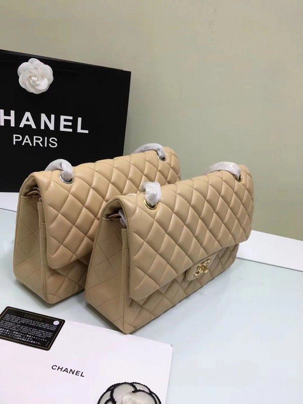 Ch**el classic flap bag beige lambskin leather sliver&gold chain 30cm