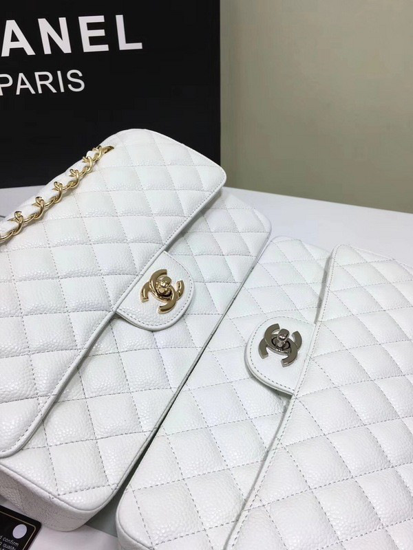 Ch**el classic flap bag white caviar leather sliver&gold chain 25cm
