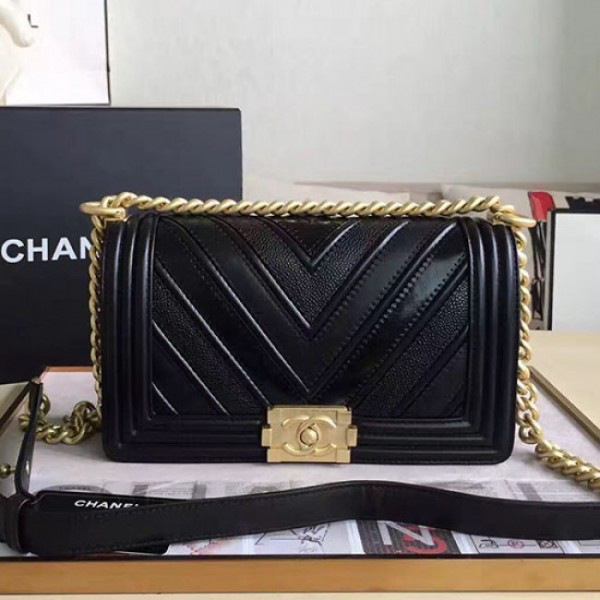 Ch**el chevron quilted medium boy bag black