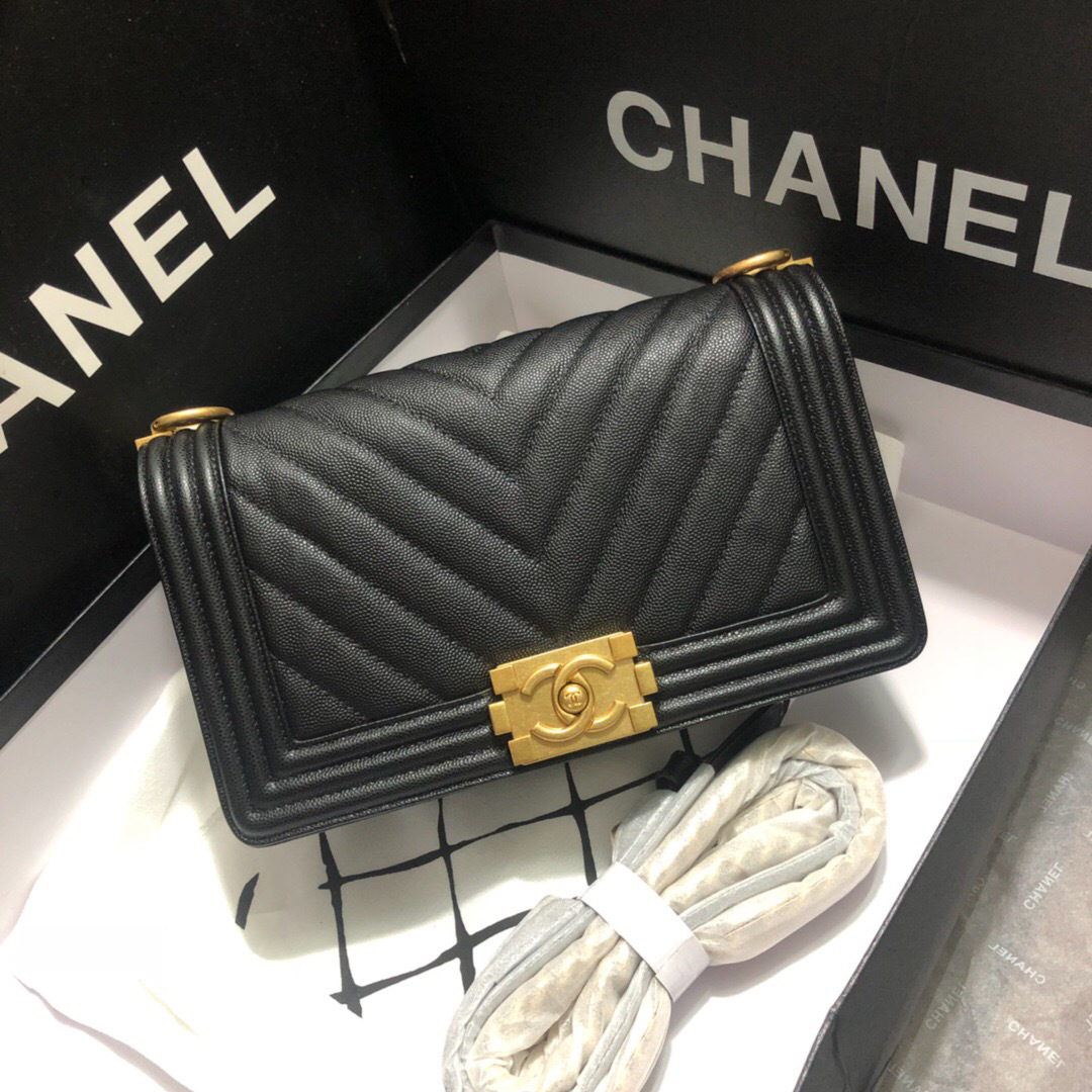 Ch**el original quality 67086 medium v fine ball black gold hardware 25cm
