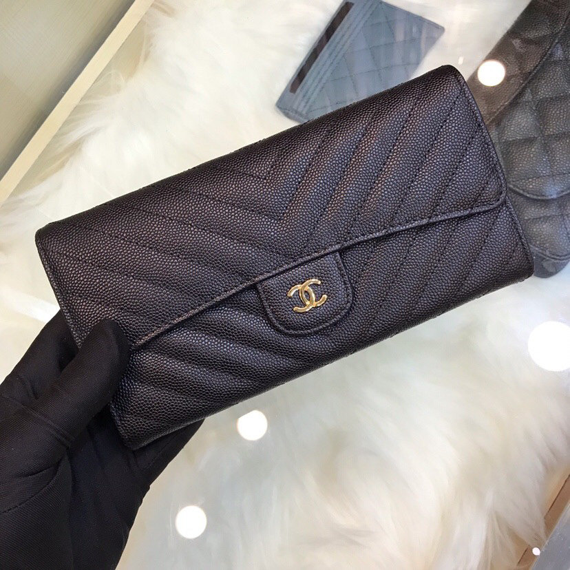 Ch**el classic cf long lychee purse v black 10.5*19.*3cm