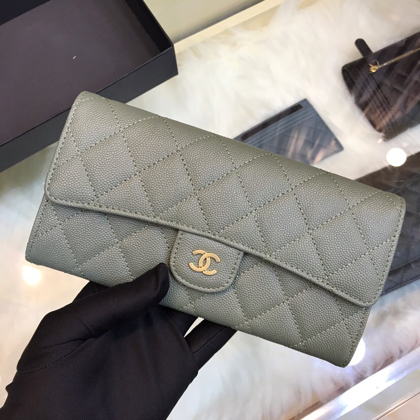 Ch**el classic cf long lychee purse green 10.5*19.*3cm