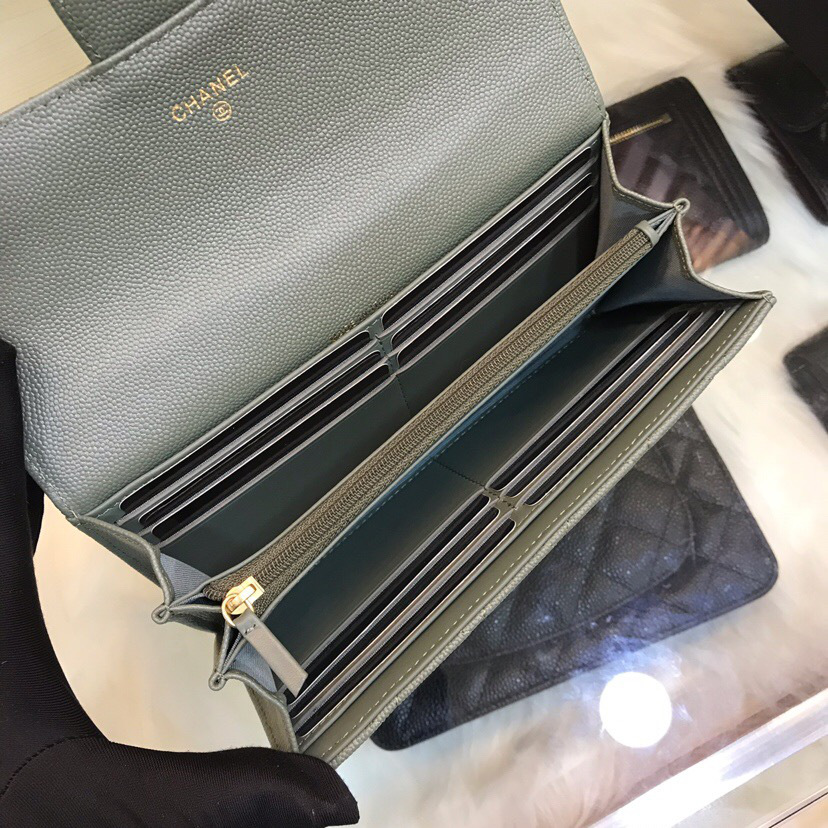 Ch**el classic cf long lychee purse green 10.5*19.*3cm