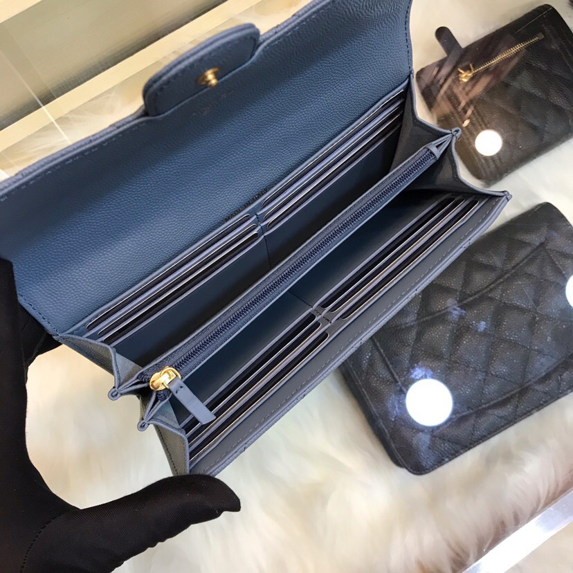 Ch**el classic cf long lychee purse smog blue 10.5*19.*3cm