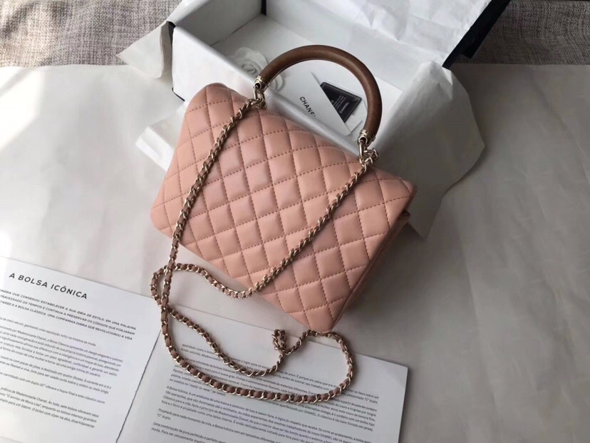 Ch**el flap bag with top handle pink 21cm