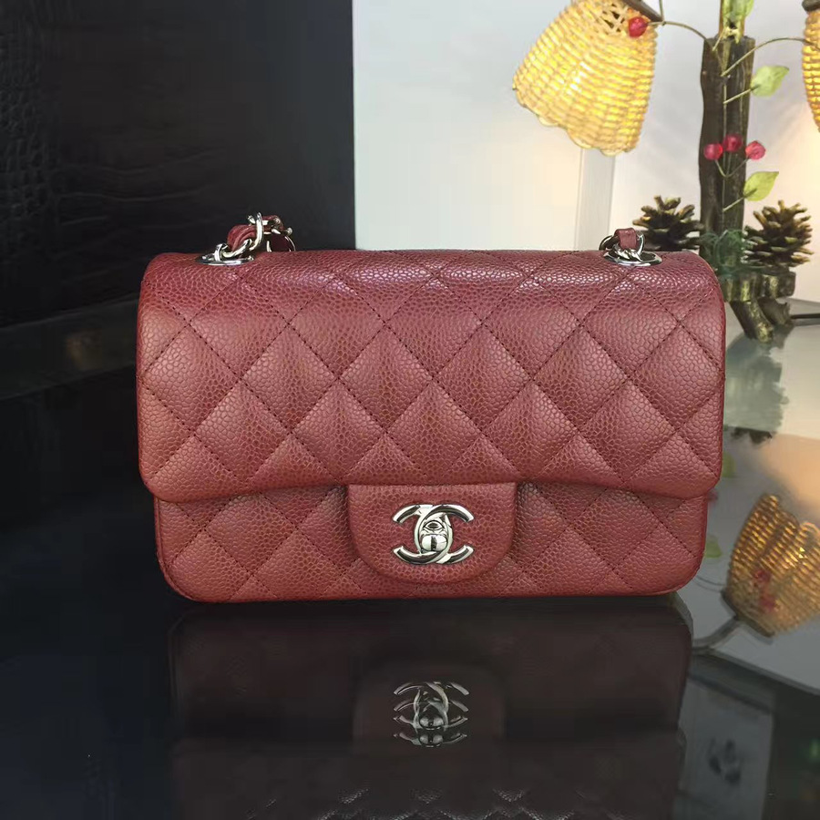 Ch**el classic flap bag burgundy caviar leather sliver&gold chain 20cm