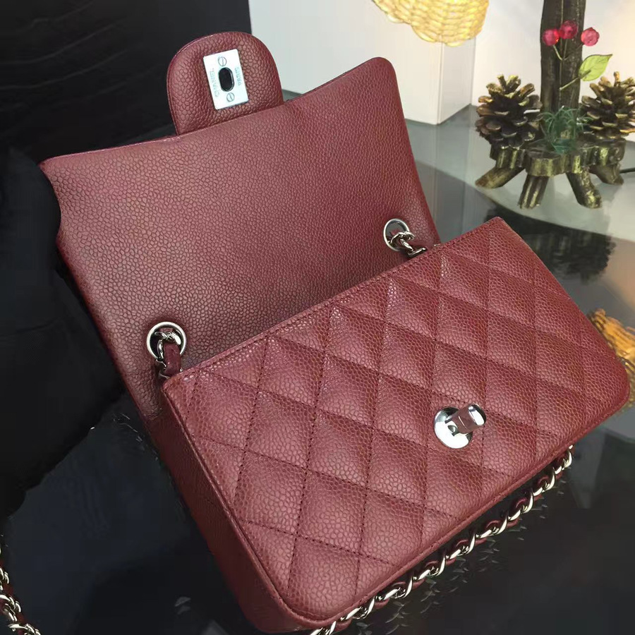 Ch**el classic flap bag burgundy caviar leather sliver&gold chain 20cm