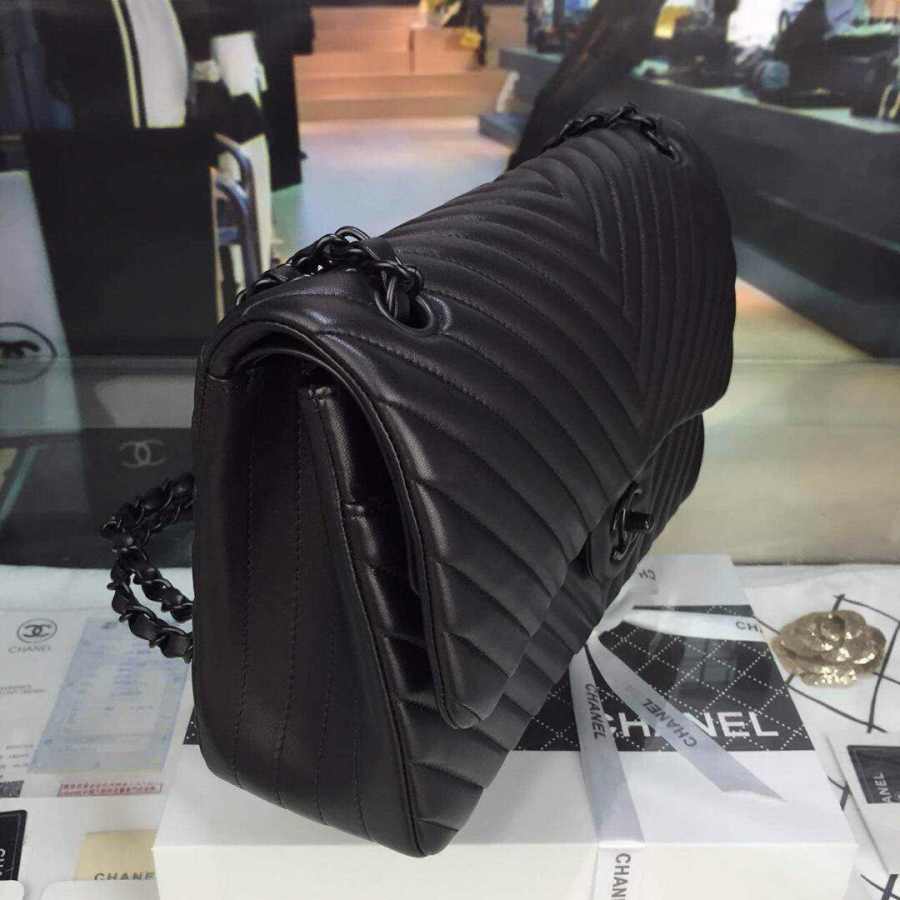 Ch**el lambskin chevron quilted 30cm flap black bag 30cm