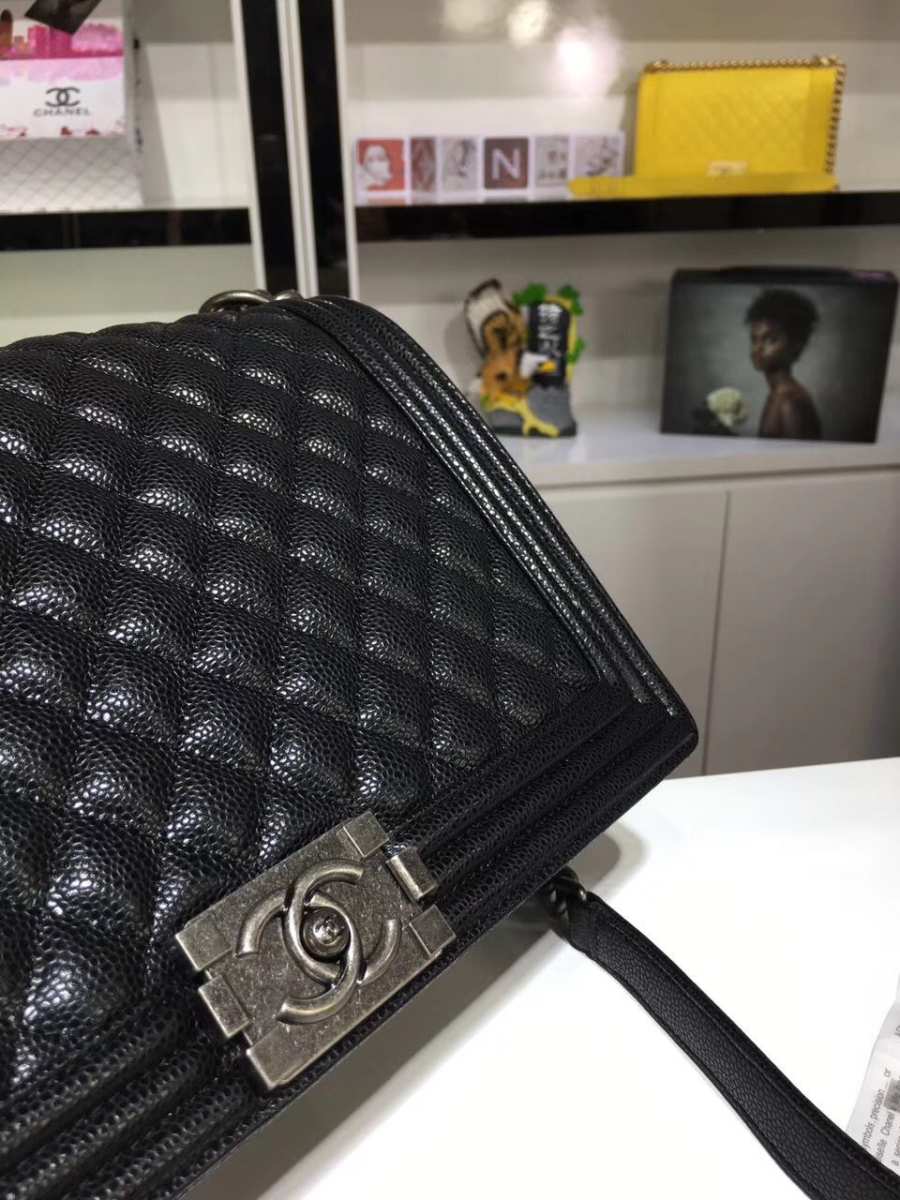 Ch**el large boy bag black caviar leather with silver&gold hardware 30cm