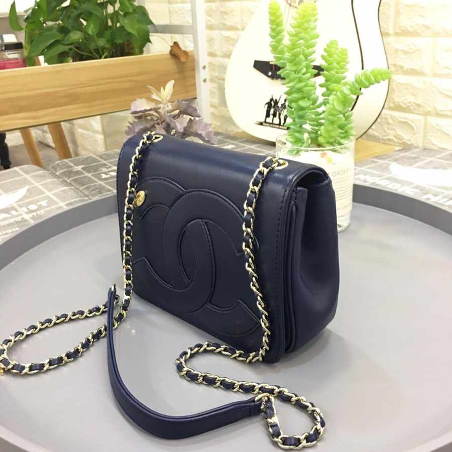 Ch**el new sheepskin small square bag dark blue 18.5x5.5x15cm
