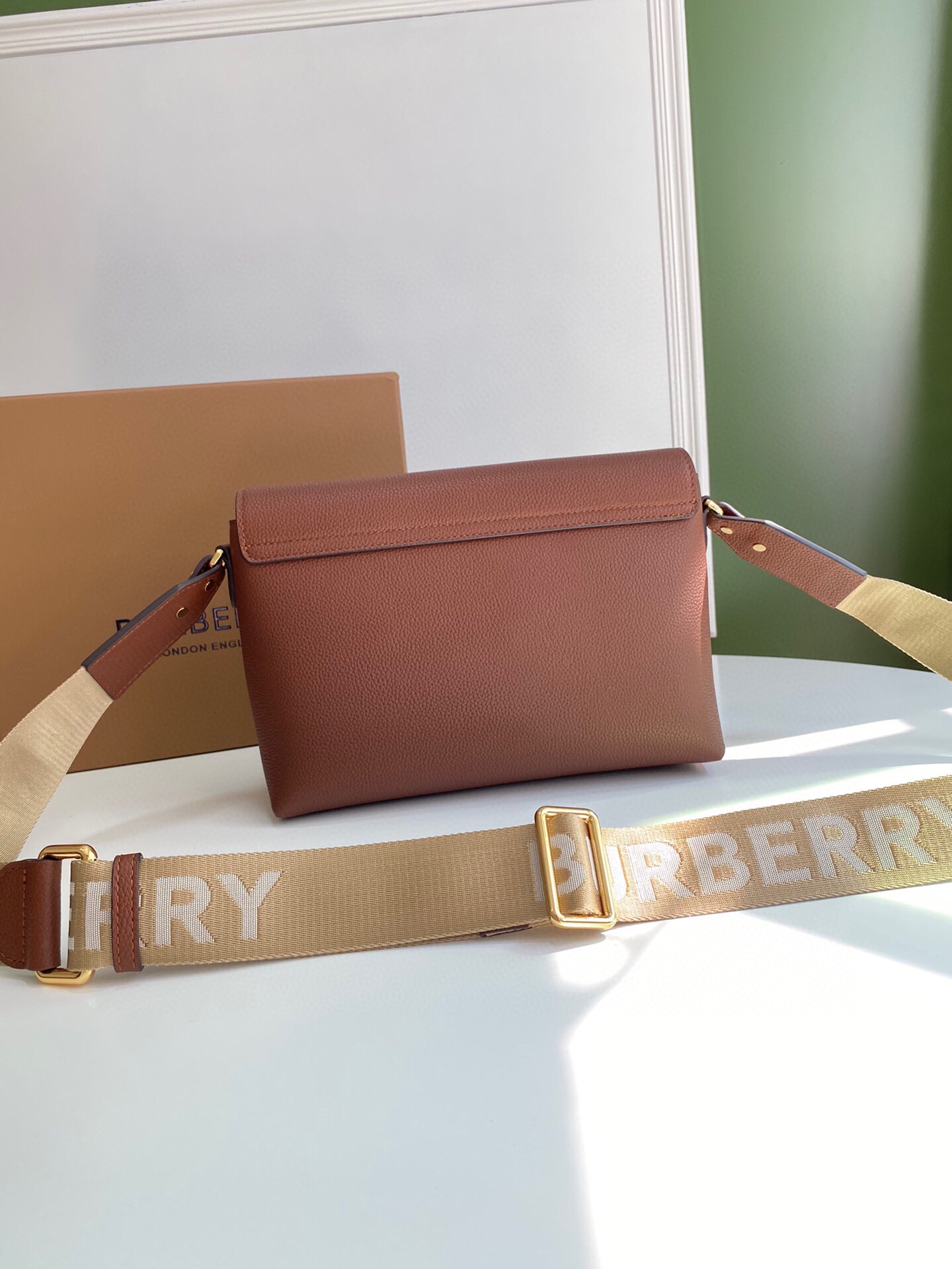 Bv*b*rry leather and vintage check note crossbody bag tan 25 x 8.5 x 18cm