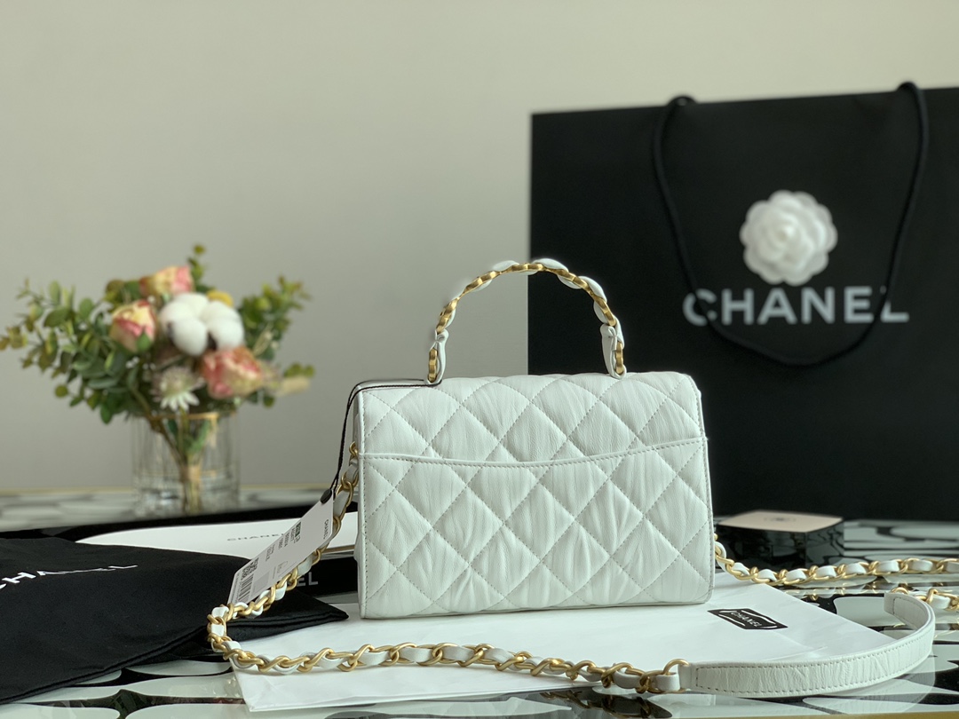 Ch**el small flap bag with top handle crumpled lambskin as2478 15 × 22.5 × 9.5 cm