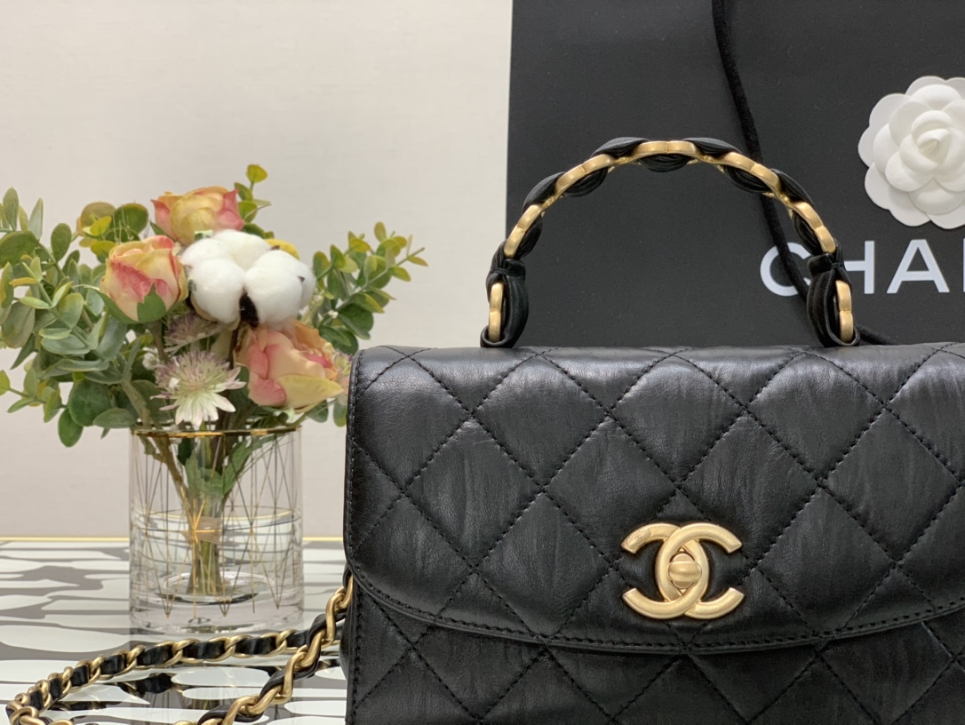 Ch**el small flap bag with top handle crumpled lambskin black as2478 15 × 22.5 × 9.5 cm