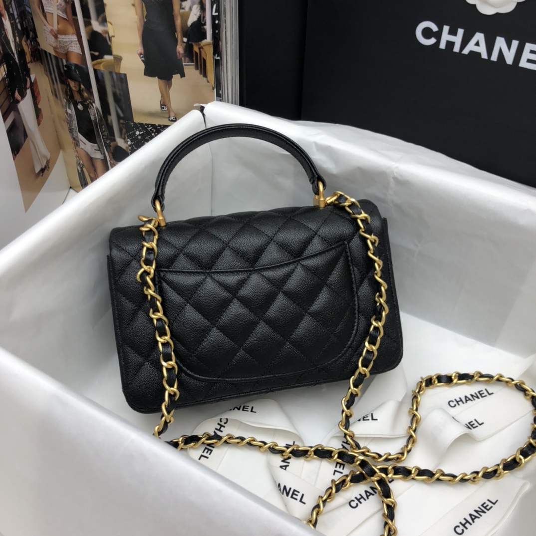 Ch**el mini flap bag with top handle grained calfskin & gold-tone metal black as2431 20 x 14 x 7 cm