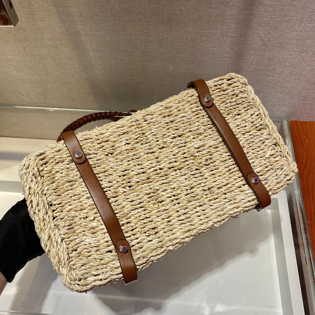 Pra*a women corn husk and leather tote beige 1bg336 26 x 18 x 13.5 cm
