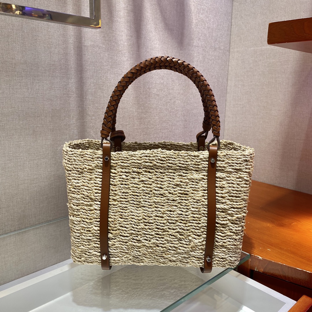 Pra*a women corn husk and leather tote beige 1bg336 26 x 18 x 13.5 cm