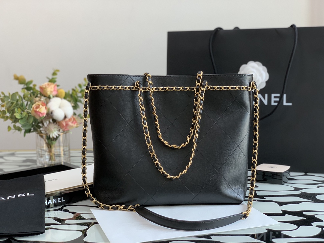 Ch**el small shopping bag calfskin & gold-tone metal black as2374 24 × 31 × 7 cm