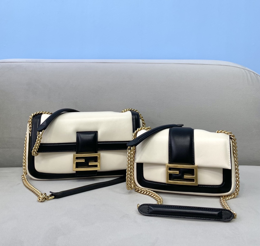 F**di mini baguette chain white and black nappa leather bag 8bs045 19 × 5 × 10 cm