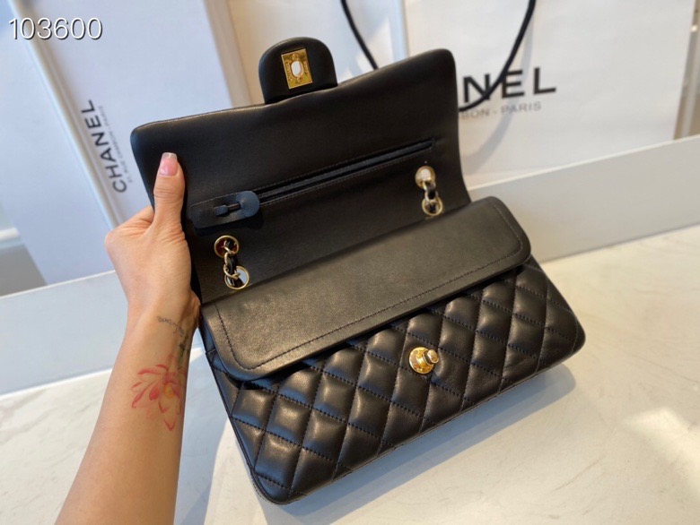 Ch**el flap bag black & golden chain a01112 25cm