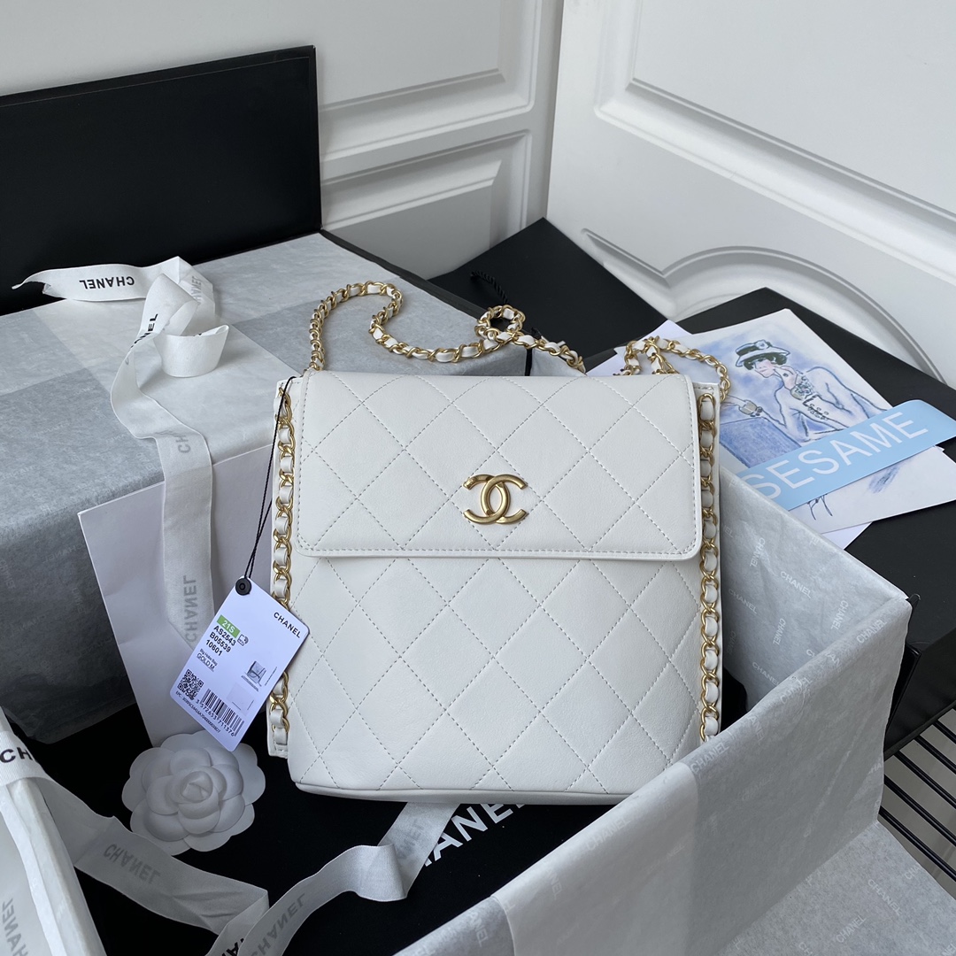 Ch**el large hobo bag calfskin & gold-tone metal white as2543 23 x 25.5 x 8 cm