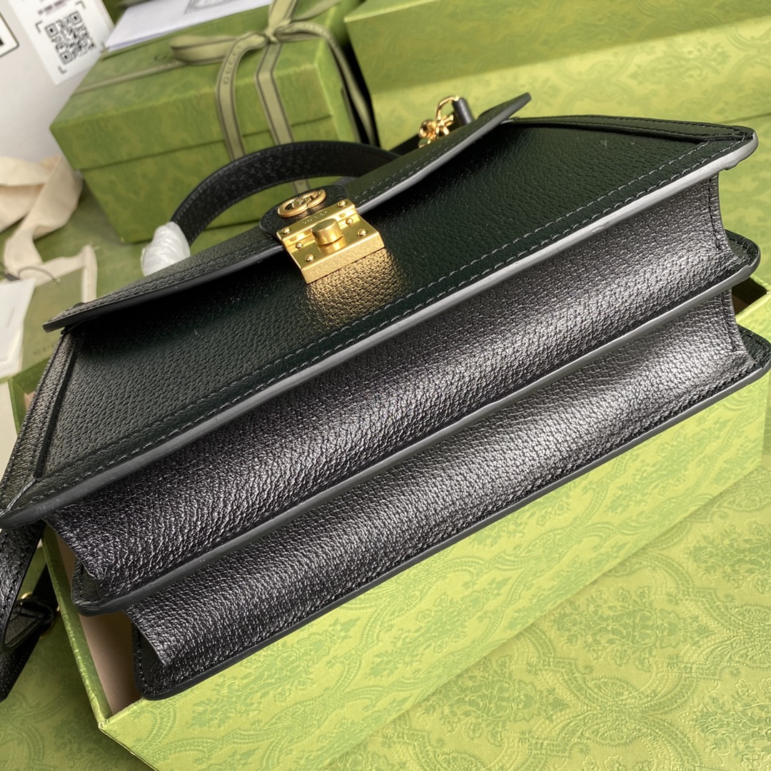 Gvc*1 ophidia small top handle bag with web black leather 651055 25 x 17.5 x 7 cm
