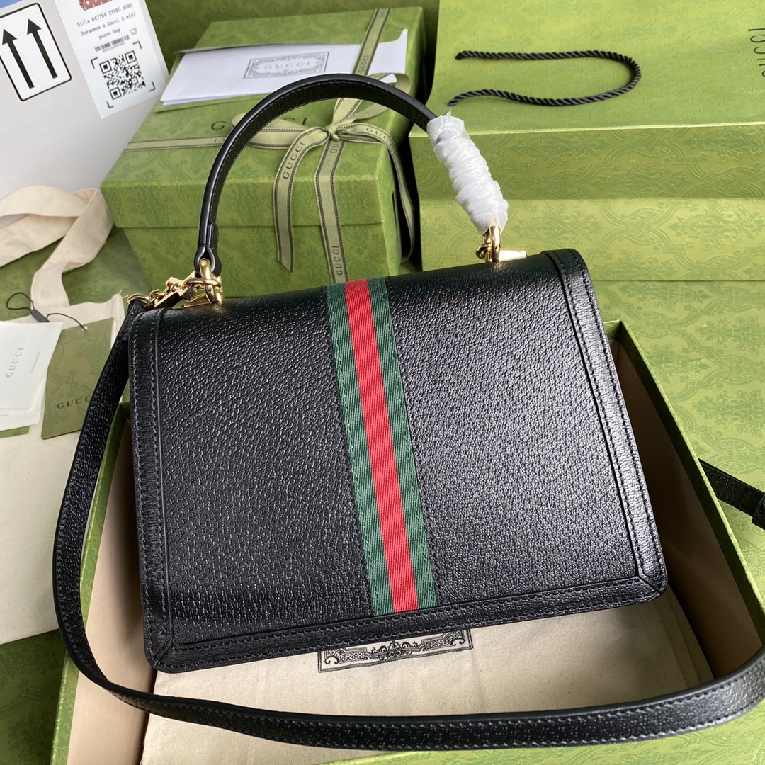 Gvc*1 ophidia small top handle bag with web black leather 651055 25 x 17.5 x 7 cm
