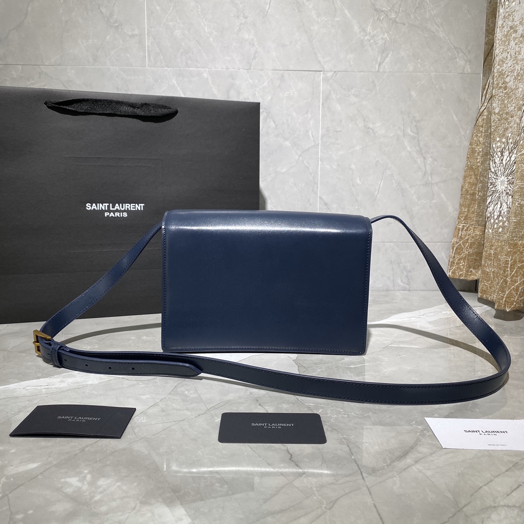 Y51 medium bellechasse in leather and suede blue and golden 482044 24 x 16 x 7 cm
