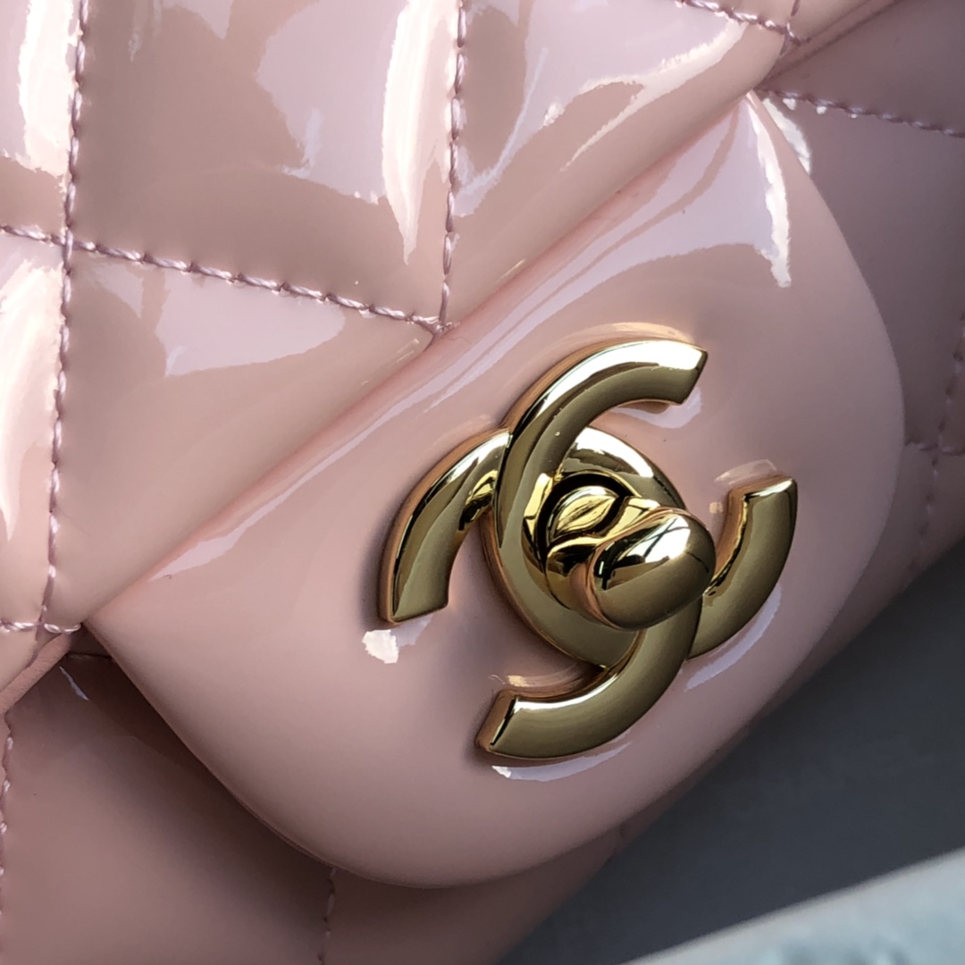 Ch**el cf mini patent calfskin & golden metal pink rose bag 20cm