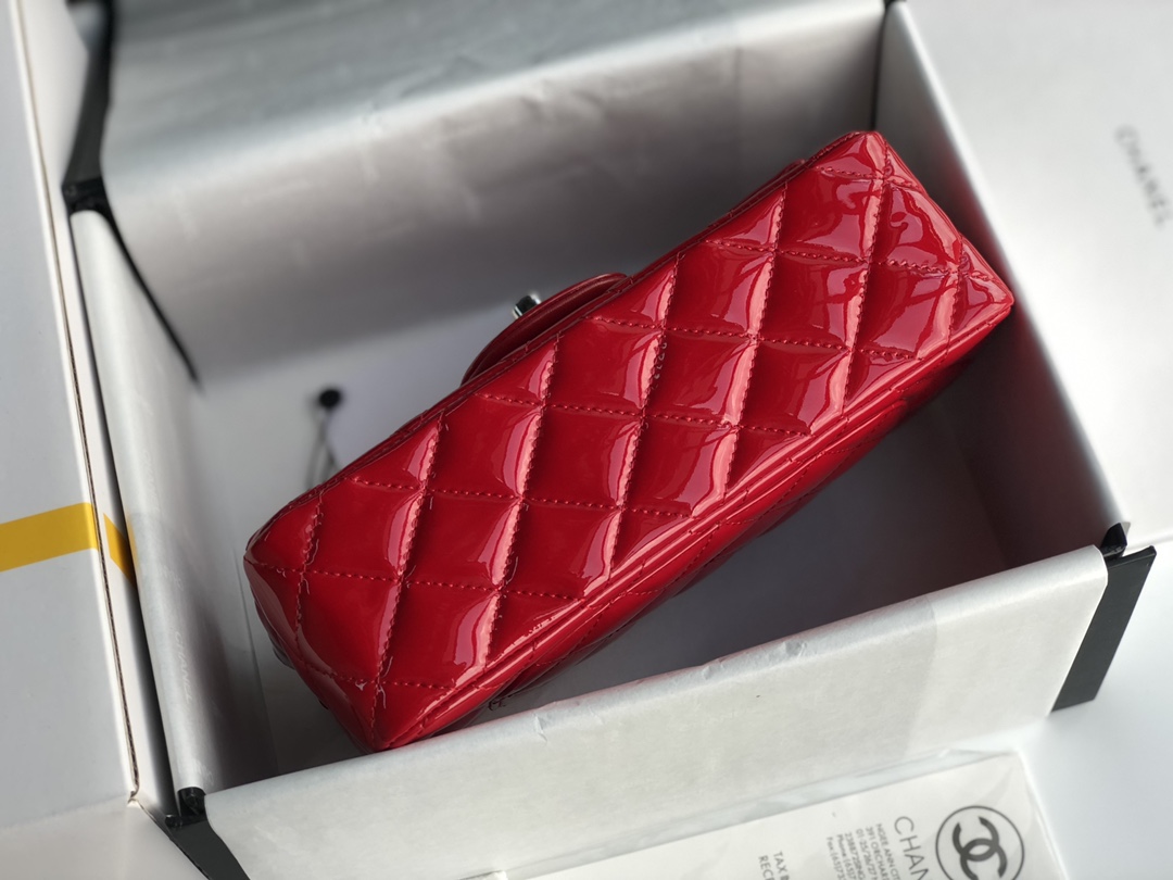Ch**el cf mini patent calfskin & silver metal red bag 20cm