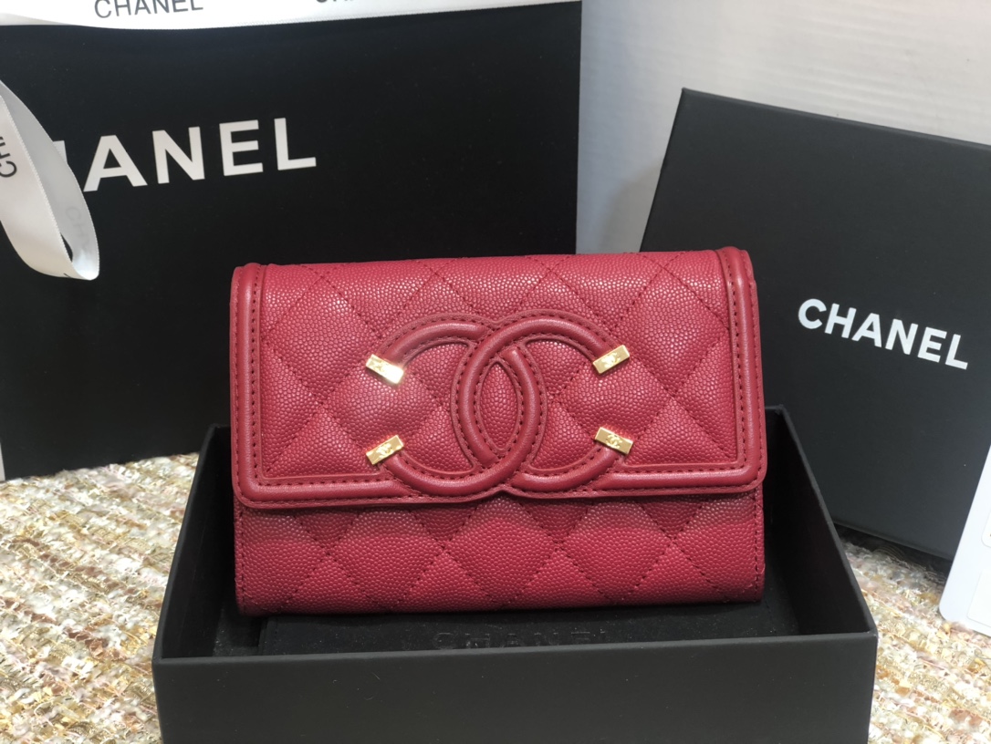 Ch**el wallet cc grain leather burgundy 84447 15 cm