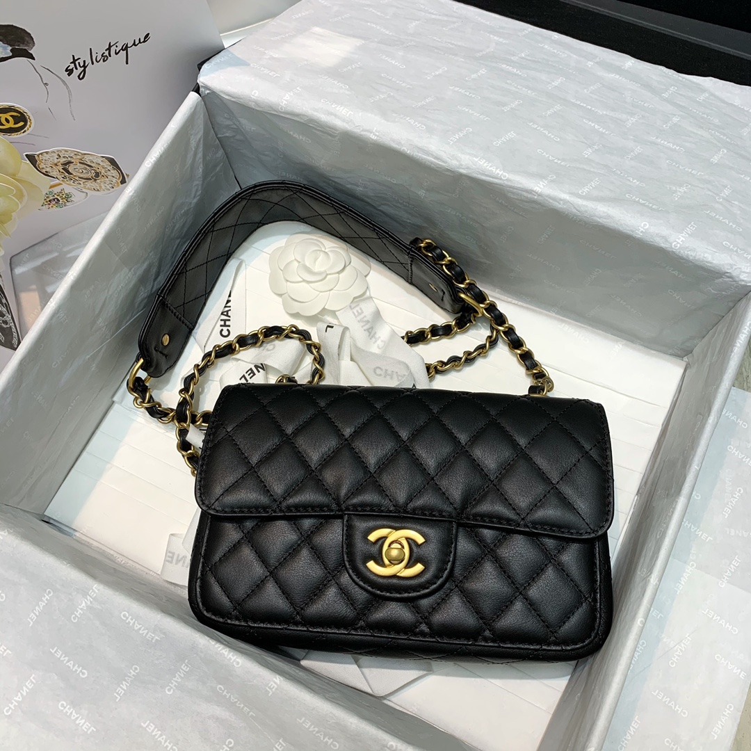 Ch**el mini strap into strap bag black as2228 21.5 6.5 13cm