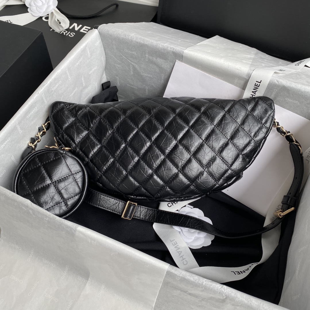 Ch**el aged calfskin waist bag & coin purses black as1077 34 x 15 x 6 cm