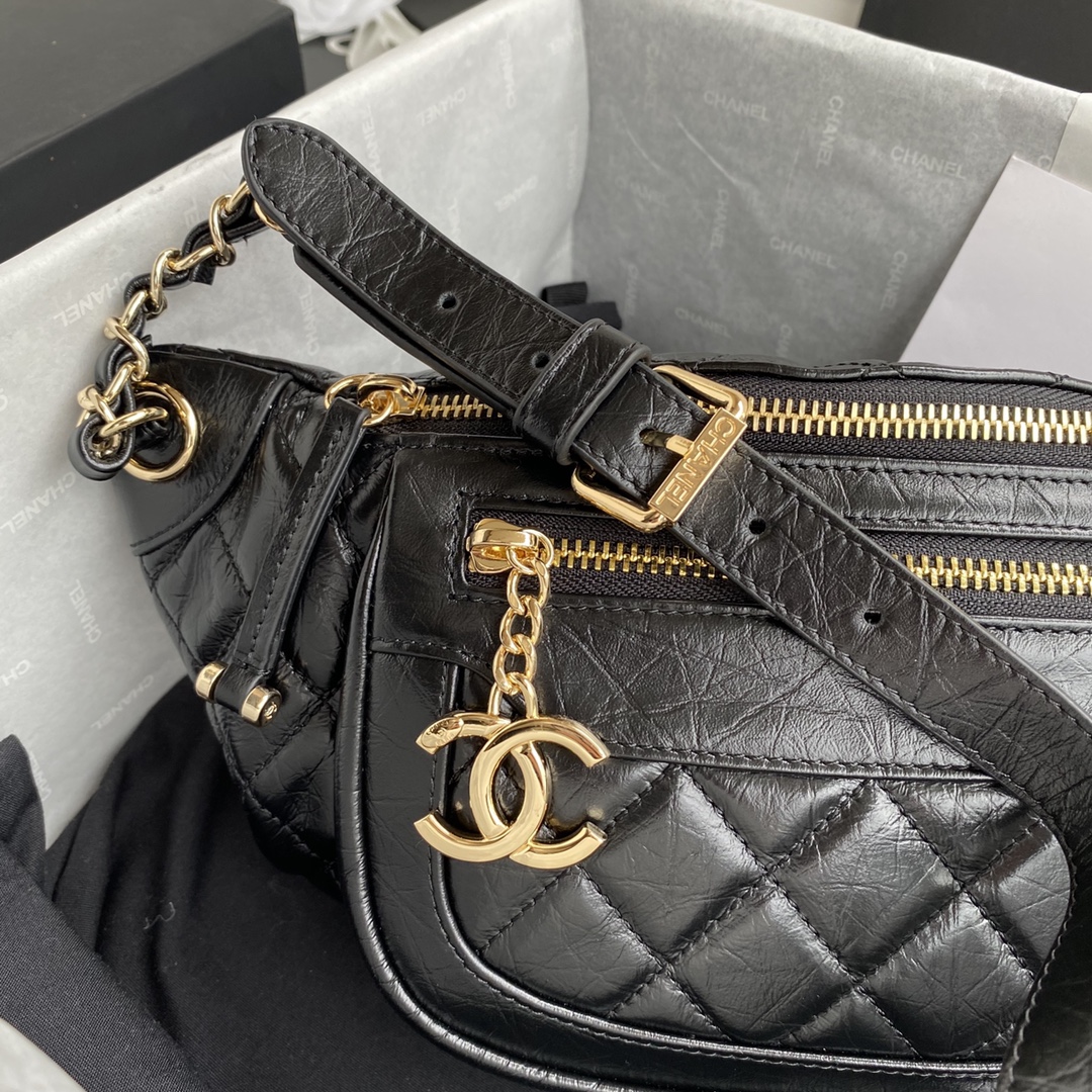 Ch**el aged calfskin waist bag & coin purses black as1077 34 x 15 x 6 cm