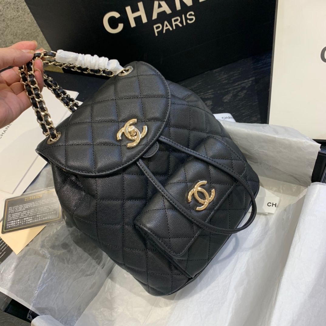 Ch**el backpack grained calfskin black as1371 21.5 x 24 x 12 cm