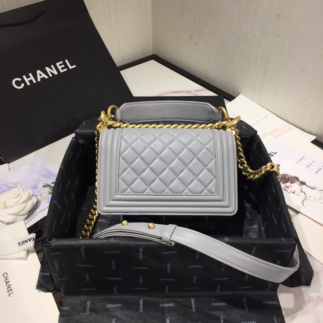Ch**el small original lambskin leather boy flap bag grey 20cm