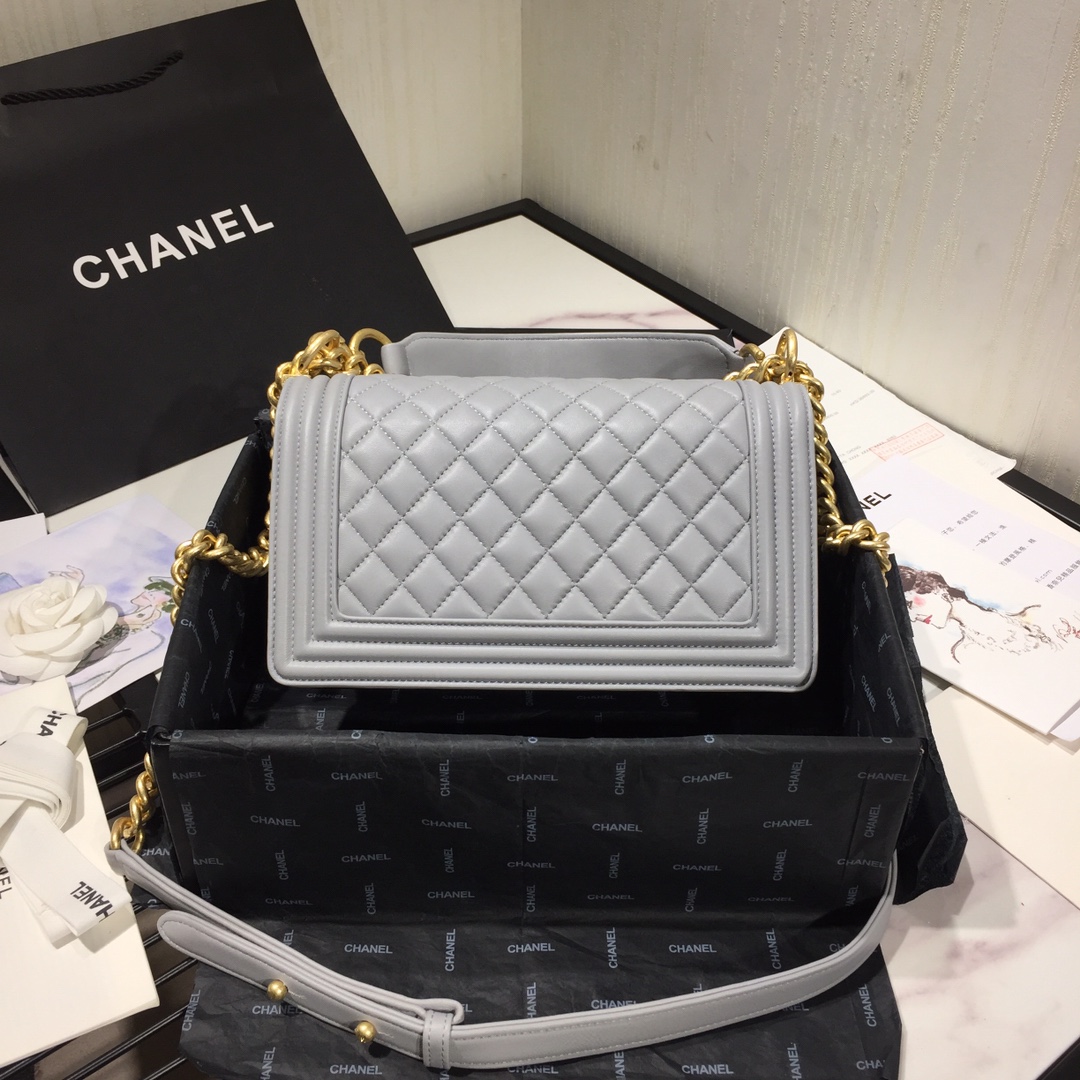 Ch**el small original lambskin leather boy flap bag grey 25 cm