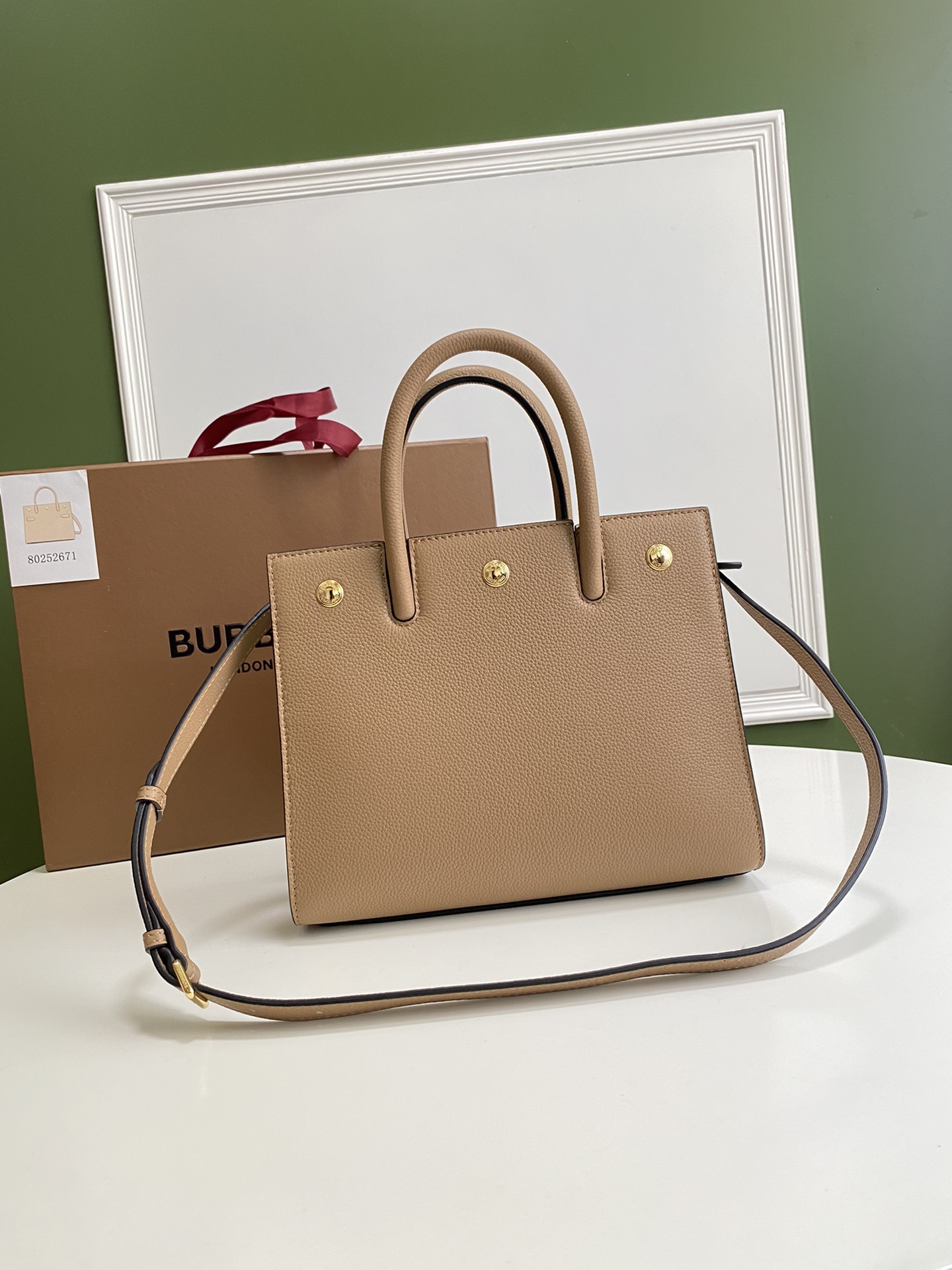 Bv*b*rry mini leather two-handle title bag light beige 80254721 26 x 13.5 x 20 cm