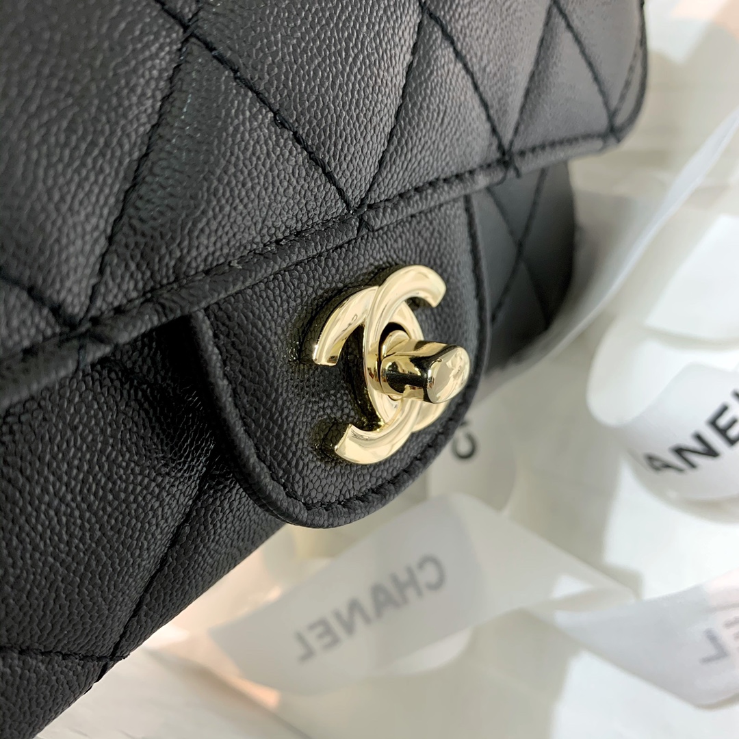 Ch**el calfskin flap bag black as2273 20cm